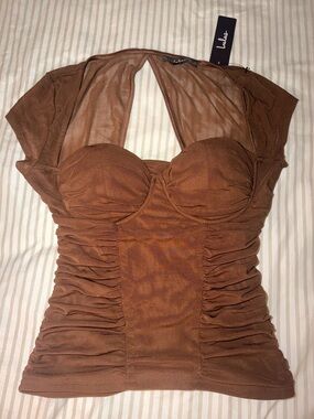 Lulu's Chocolate Brown Mesh Sleeve Ruched Bustier